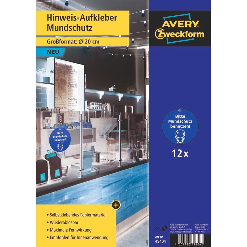 Avery Zweckform Etiketten Warnschilder Set Mundschutz, 49404, 200 mm, 12 Blatt - 4004182494042_01_ow