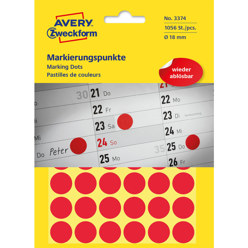 Avery Zweckform Markierungspunkte, 3374Z, 18 mm, rot - 4004182033746_01_ow