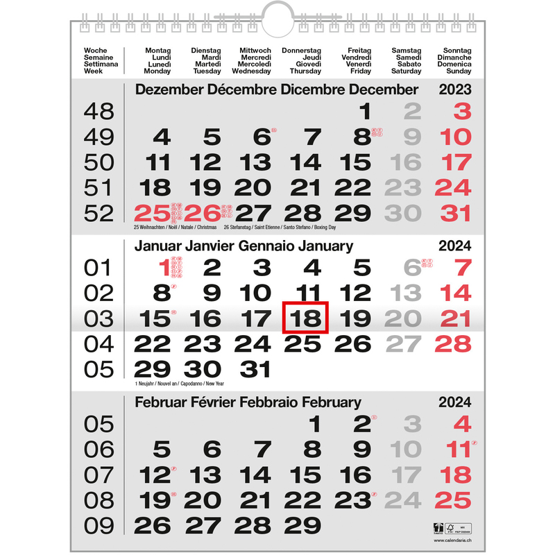 Calendaria calendrier mural sur 3 mois 2024, 3 mois / page 