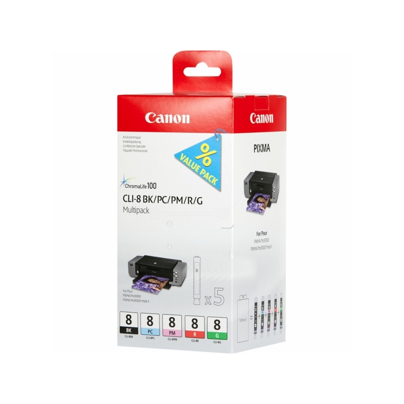 Canon CLI-8BK/PC/PM/R/G cartouches dencre multipack, vert, photo cyan, photo magenta, rouge, noir - 8714574564364_01_ow