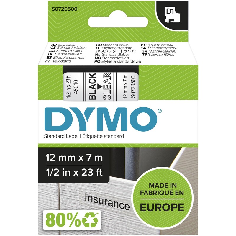 Dymo Band D1, S0720500, 12 mm, schwarz auf transparent - 5411313450102_01