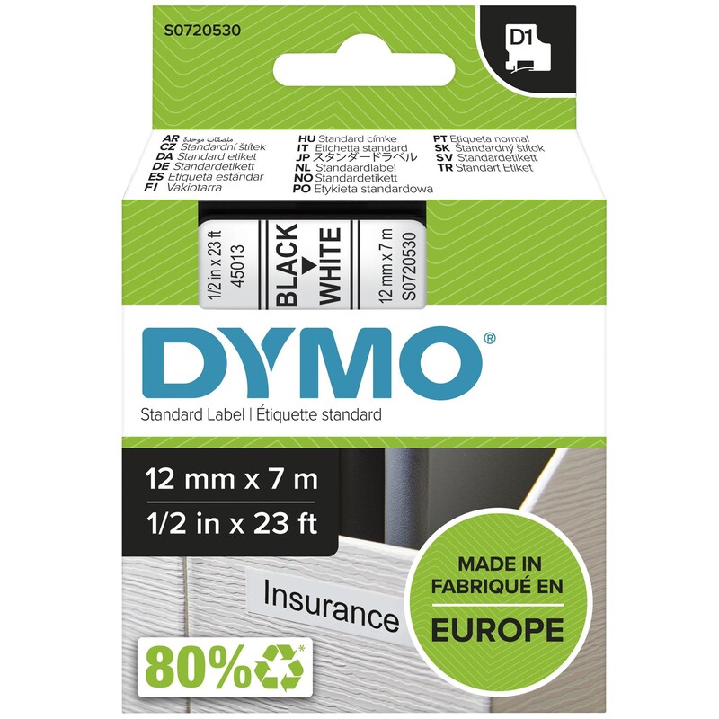 Stock Bureau - DYMO Ruban d'etiquette D1 12 mm x 5,5m Noir sur Blanc