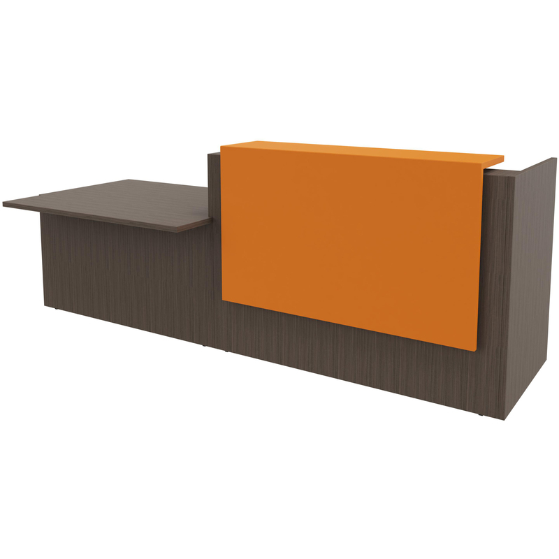 Empfangstheke Z2, mit offener Arbeitsplatte rechts, 306 x 113 cm, Dekor Eukalyptus, orange, lackiert - 8029466012282_01_ow
