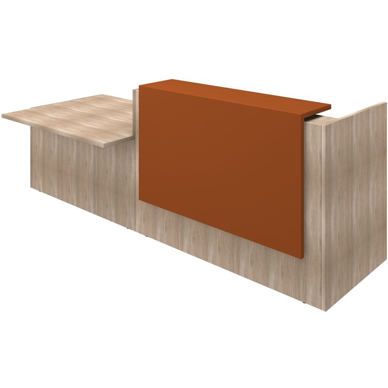 Empfangstheke Z2, mit offener Arbeitsplatte rechts, 306 x 113 cm, Dekor Ulme, orange, lackiert - 8056039555617_01_ow