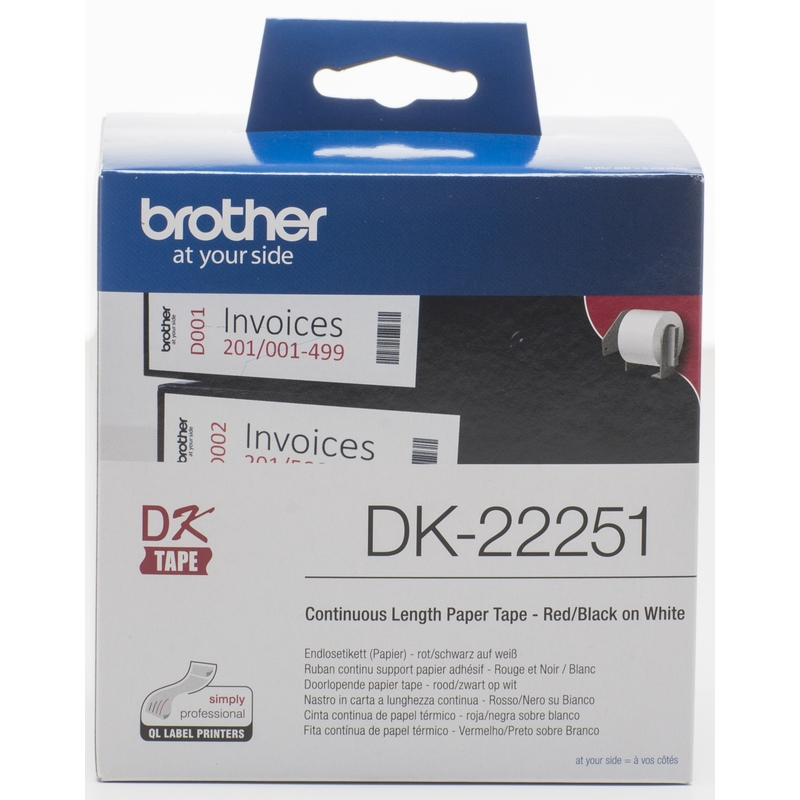 Brother Ruban papier continu adhésif DK-22251, 62 mm, noir/rouge sur blanc  