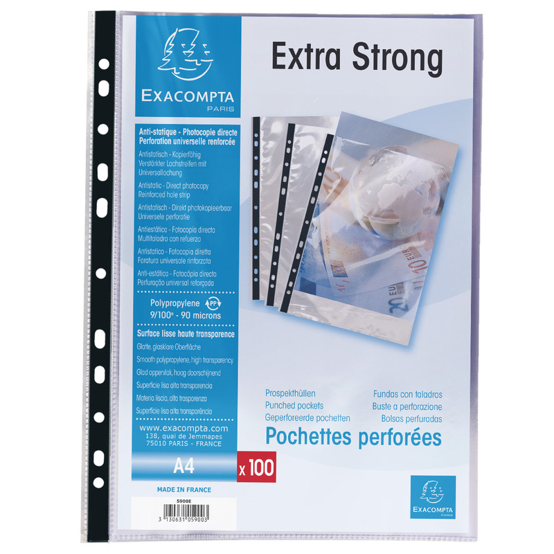 Exacompta pochettes perforées, 100 pièces, A4, 90 µm, lisse, transparent 