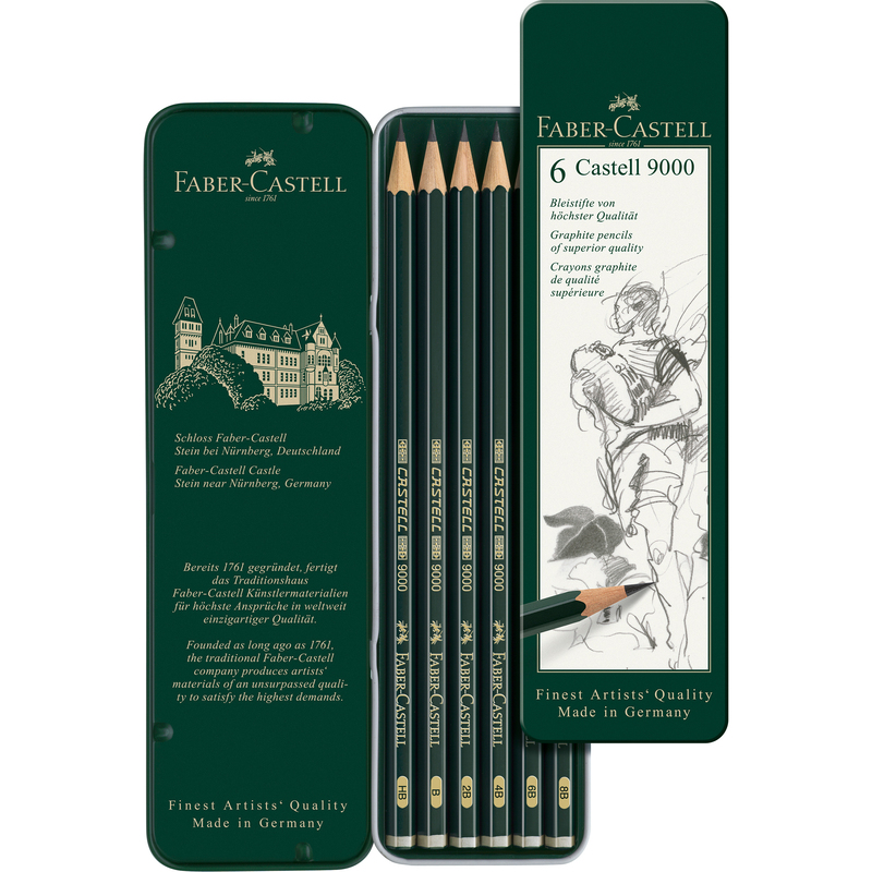 Faber-Castell Bleistifte Castell 9000, 6er Set, HB, B, 2B, 4B, 6B, 8B, grün - 4005401190639_02_ow