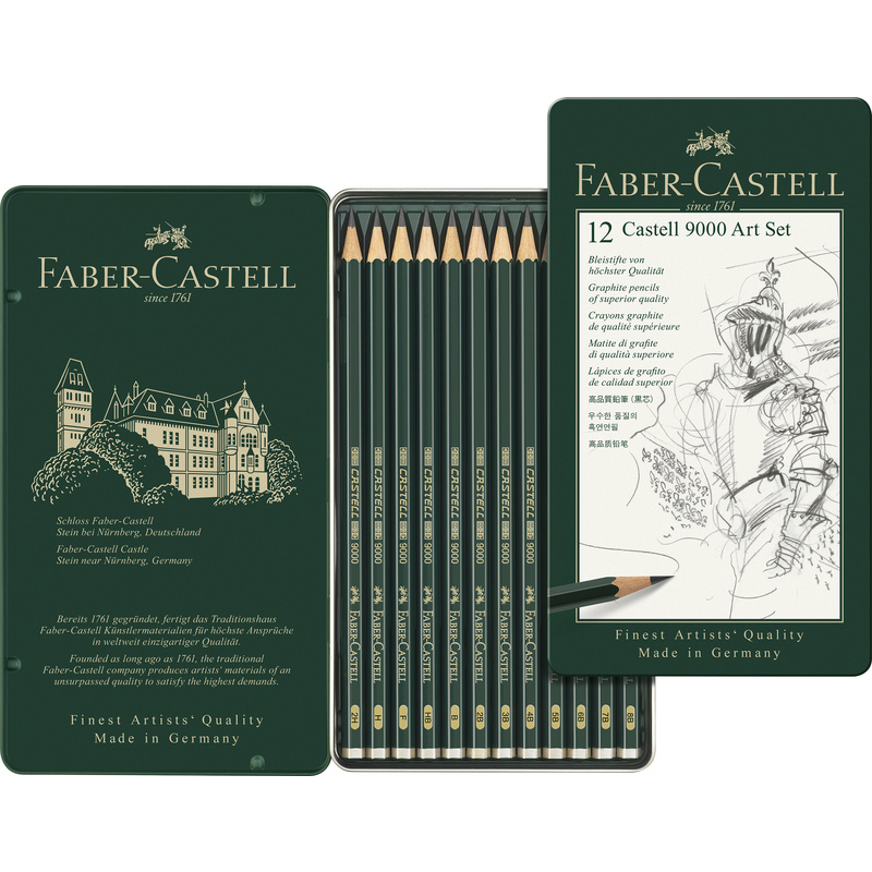 Faber-Castell crayons 9000 Art, set de 12 pieces dans un cas en métal, 8B - 2H, vert - 4005401190653_01_ow