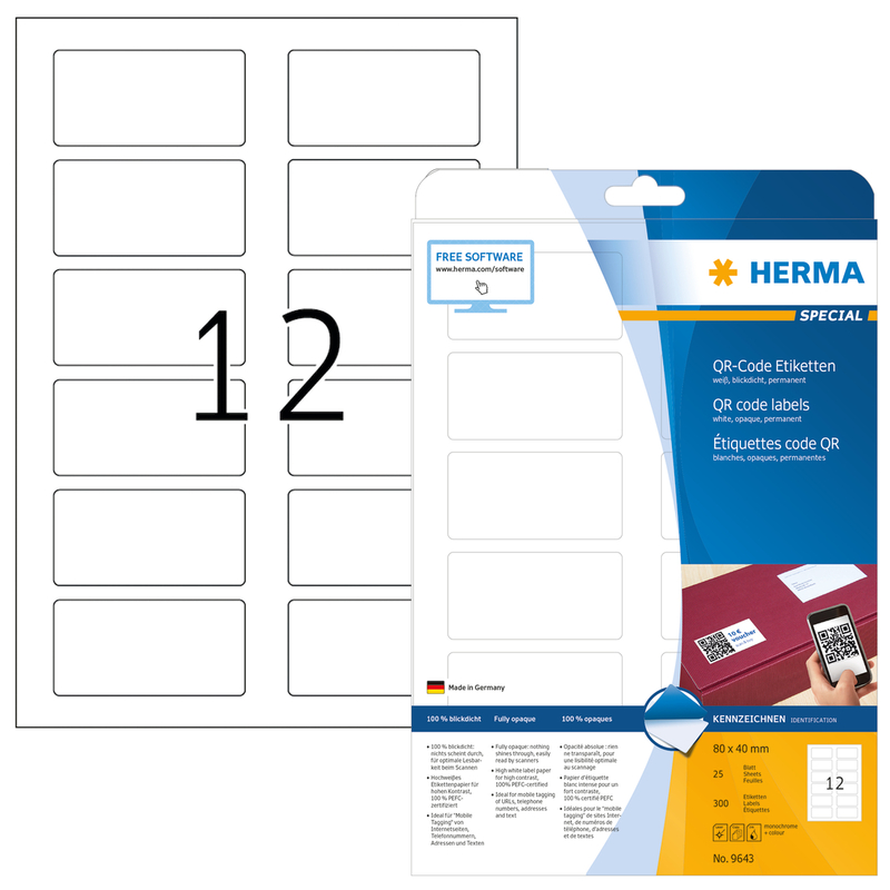 Herma Etiketten QR Code, 9643, 80 x 40 mm, 25 Blatt - 4008705096430_01_ow