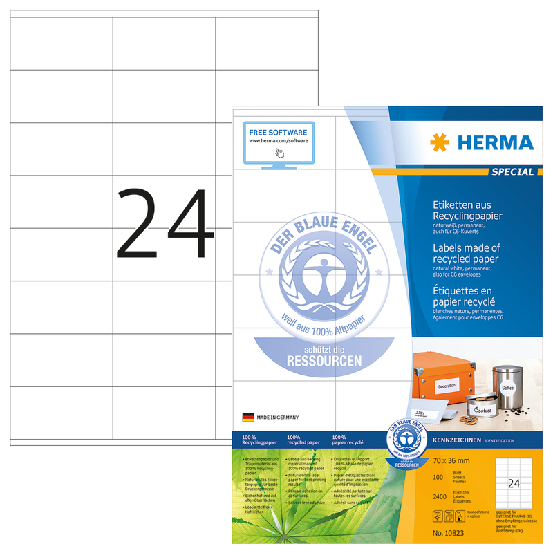 Herma Etiketten Recycling, 10823, 70 x 36 mm, 100 Blatt - 4008705108232_01_ow