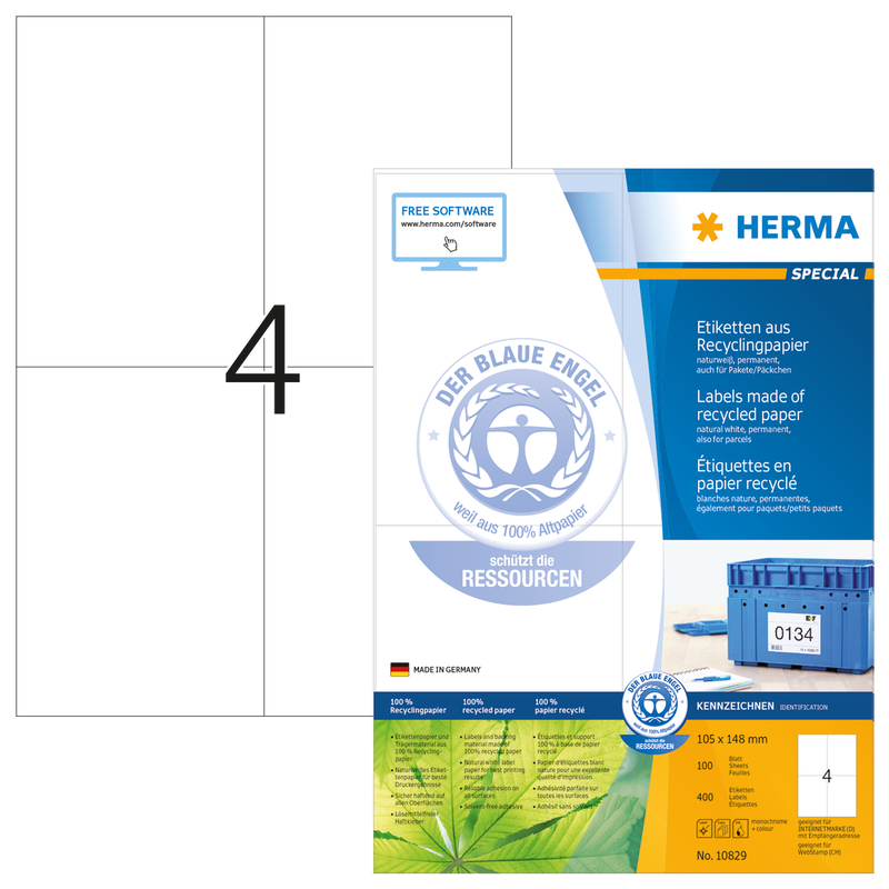 Herma Etiketten Recycling, 10829, 105 x 148 mm, 100 Blatt - 4008705108294_01_ow