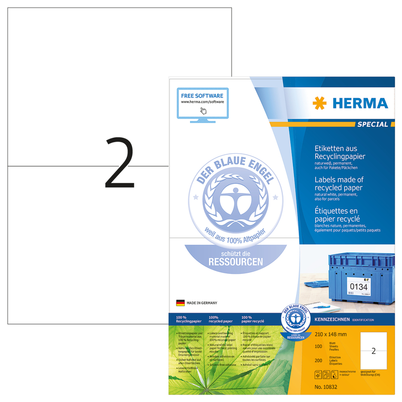 Herma Etiketten Recycling, 10832, 210 x 148 mm, 100 Blatt - 4008705108324_01_ow