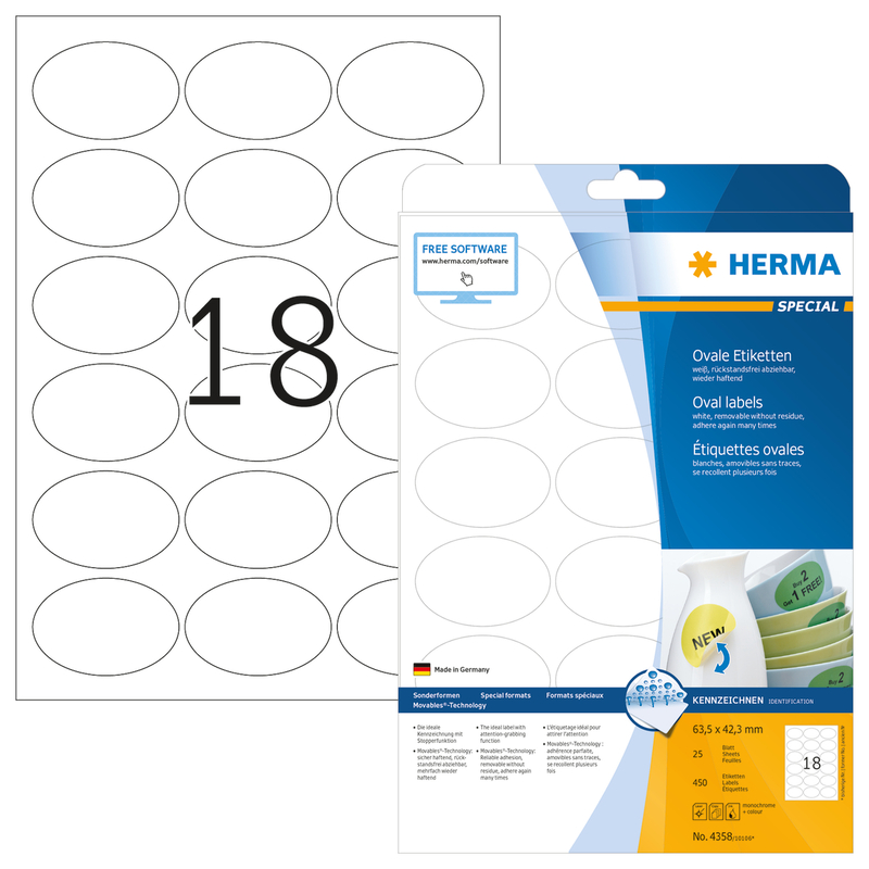 Herma Etiketten wiederablösbar, 4358 (oval), 63.5 x 42.3 mm, 25 Blatt - 4008705043588_01_ow