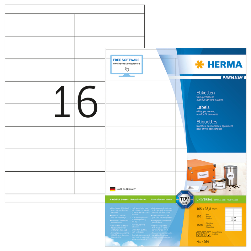 Herma étiquettes, 4264, 105 x 33.8 mm, 100 feuilles - 4008705042642_01_ow