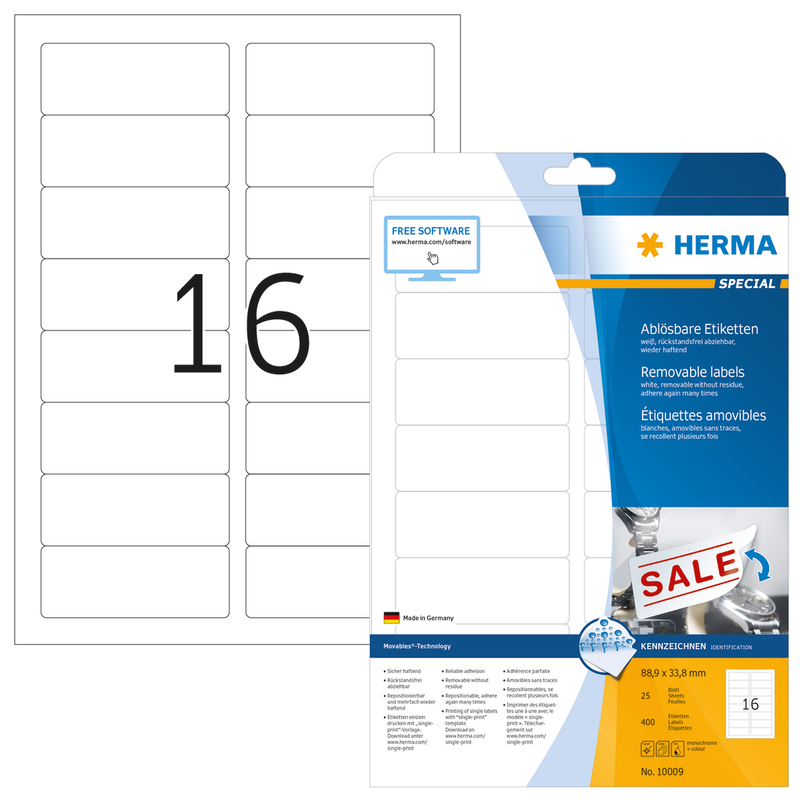 Herma étiquettes repositionnable, 10009, 88.9 x 33.8 mm, 25 feuilles - 4008705805162_01_ow