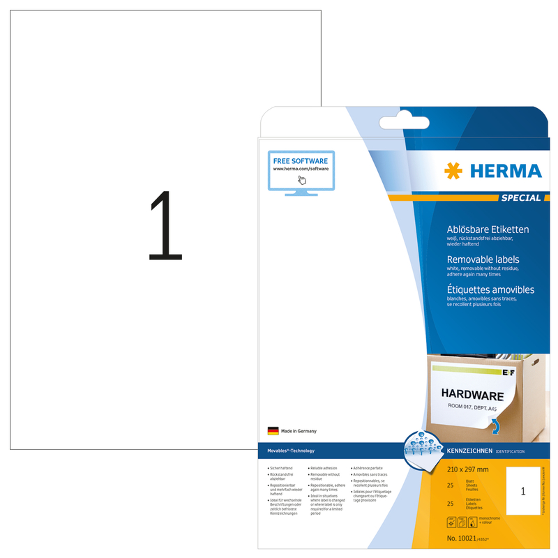 Herma étiquettes repositionnable, 10021, 210 x 297 mm, 25 feuilles - 4008705100212_01_ow