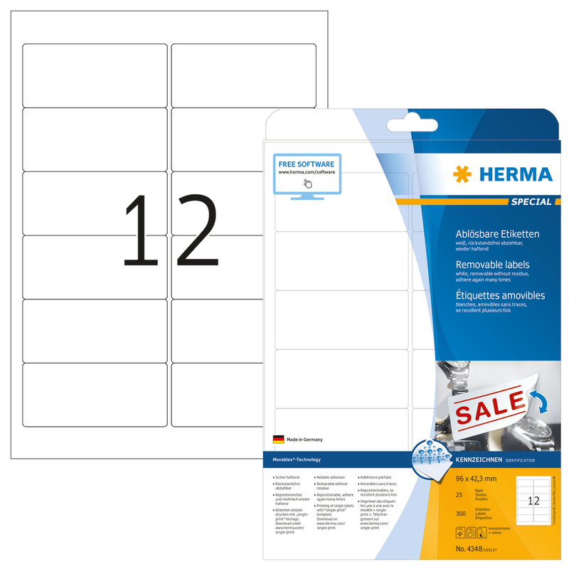 Herma étiquettes repositionnable, 4348, 96 x 42.3 mm, 25 feuilles - 4008705043489_01_ow