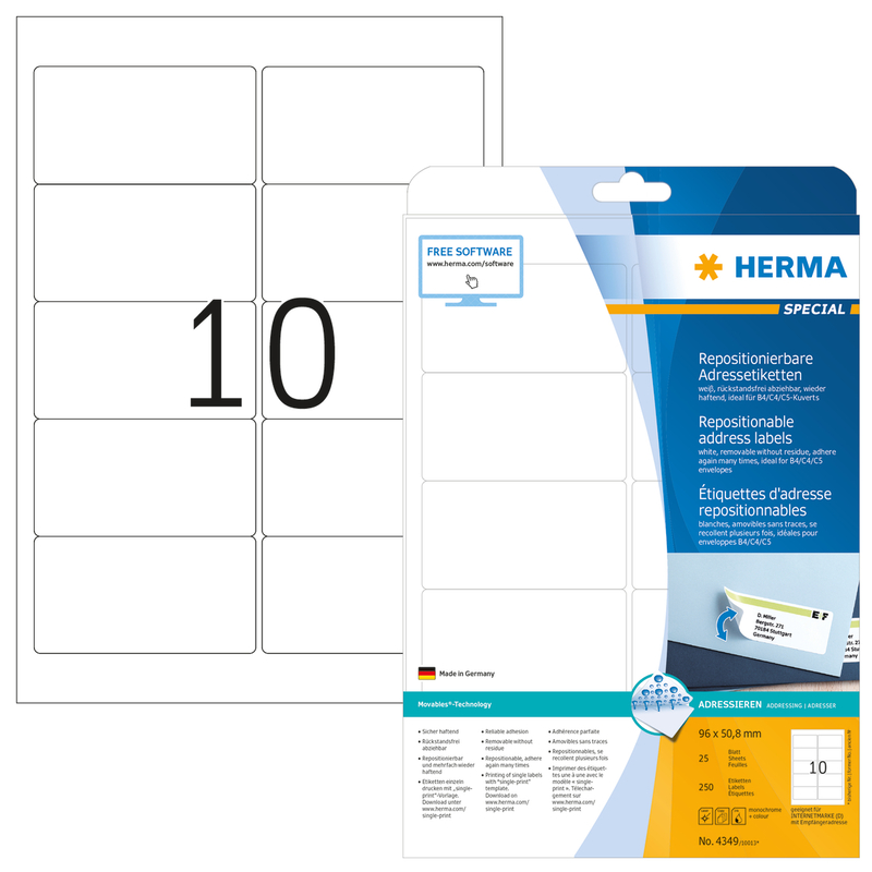 Herma étiquettes repositionnable, 4349, 96 x 50.8 mm, 25 feuilles - 4008705043496_01_ow