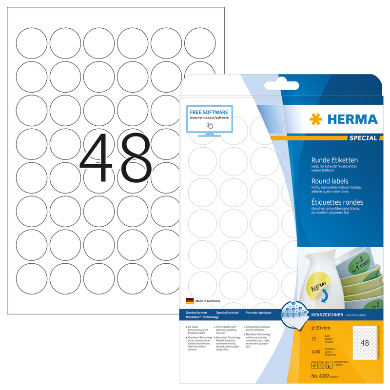 Herma étiquettes repositionnable, 4387, 30 x 30 mm, 30 mm, 25 feuilles - 4008705043878_01_ow