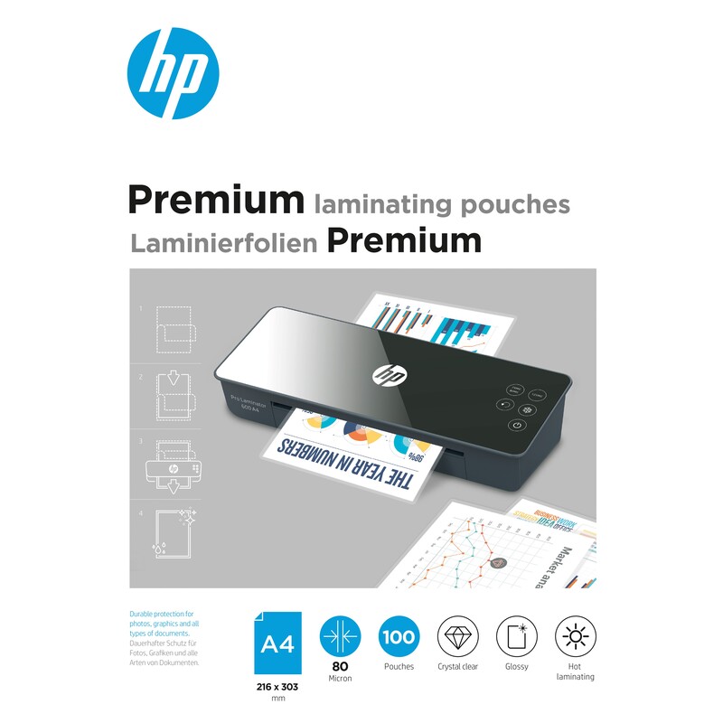 HP pochettes de plastification Premium, A4, 80 mic, brillant, 100 pièces 