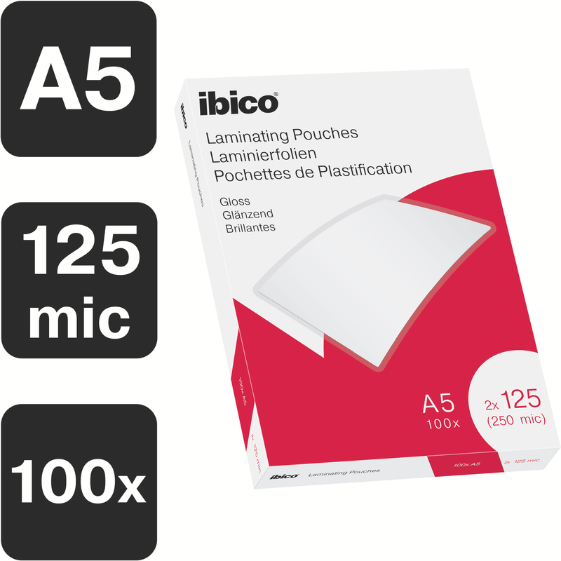 Ibico pochettes de plastification, A5, 125 mic, brillant, 100 pièces 