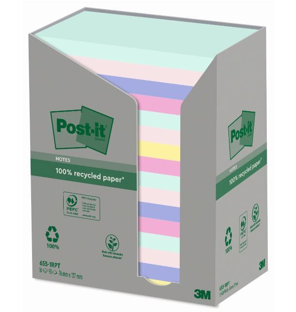 Post-it Haftnotizen Recycling, pastell Rainbow, 76 x 76 mm, 16 x 100 Blatt  