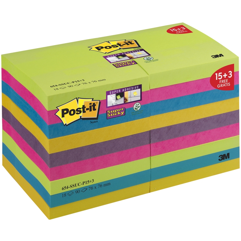 Post-it Haftnotizen Super Sticky, 15 Stück + 3 gratis, 76 x 76 mm, 18 x 90 Blatt - 76308149437_01_ow