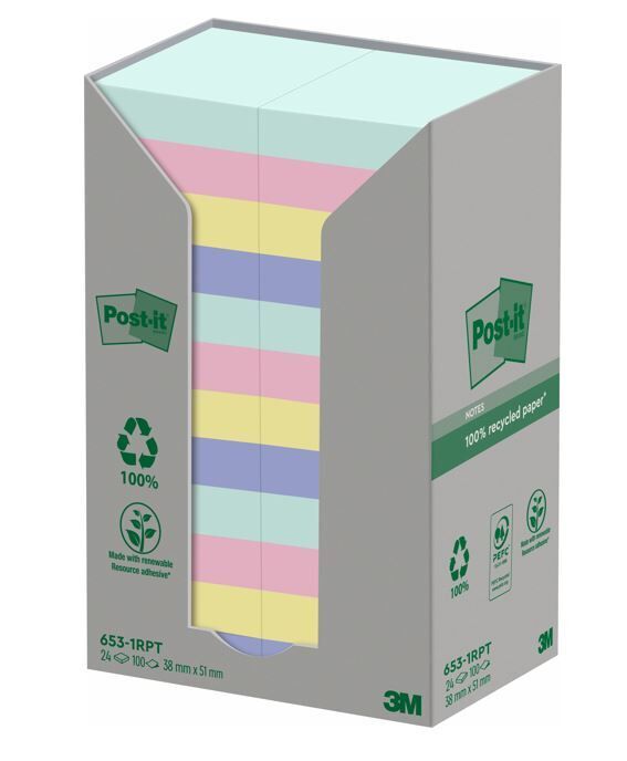 Post-it notes adhésives Recyclé, Rainbow pastel, 38 x 51 mm, 24 x