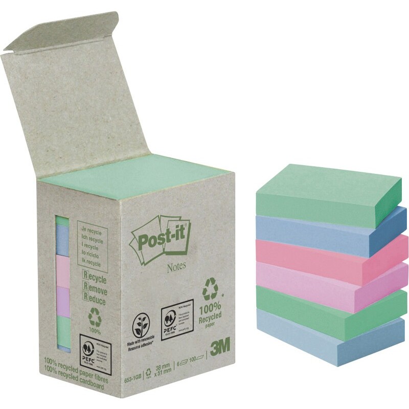 Post-it notes adhésives Recyclé, Rainbow pastel, 38 x 51 mm, 6 x 100 feuilles - 4054596928350_01_ow
