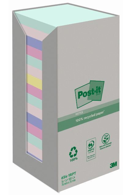 Post-it notes adhésives Recyclé, Rainbow pastel, 76 x 76 mm, 16 x