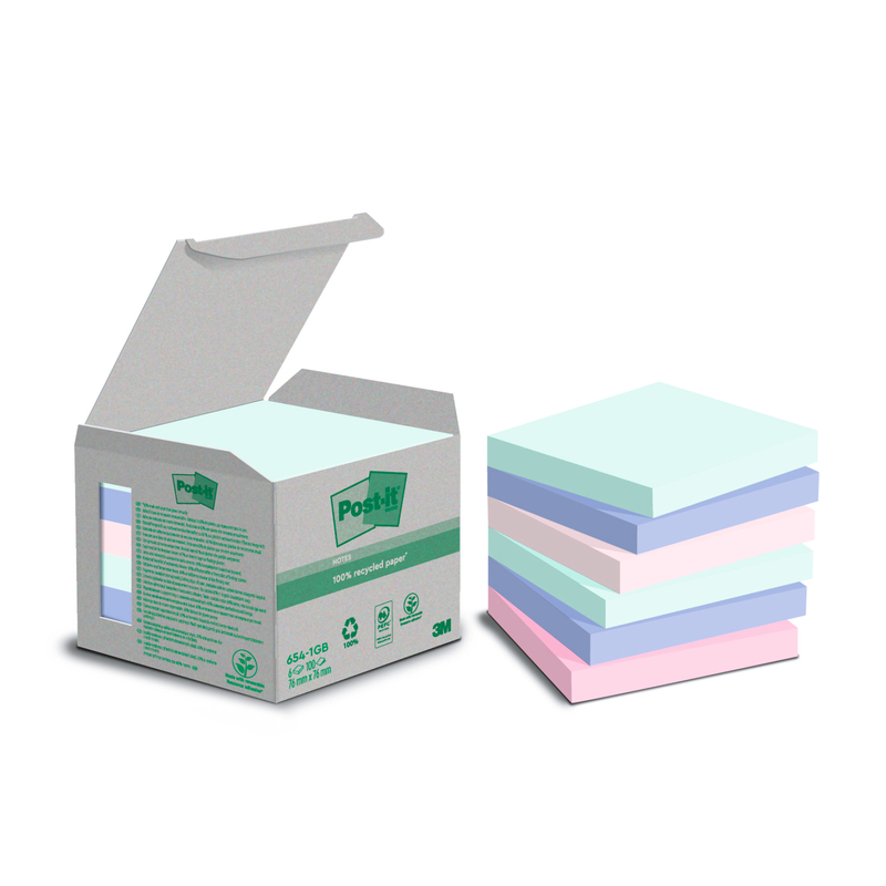Post-it notes adhésives Recyclé, Rainbow pastel, 76 x 76 mm, 6 x 100 feuilles - 4054596926677_01_ow