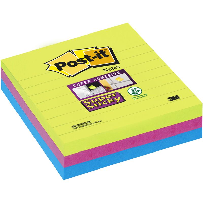 Post-it notes adhésives Super Sticky, ligné, 101 x 101 mm, 3 x 70 feuilles - 51141906119_01_ow