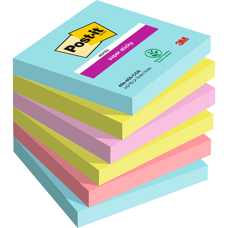 Post-it notes adhésives Super Sticky Cosmic Collection, 76 x 76 mm, 6 x 90 feuilles - 76308499419_01_ow