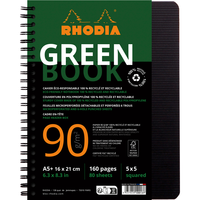 Rhodia Greenbook cahier à spirale, A5, quadrillé 5 mm, noir