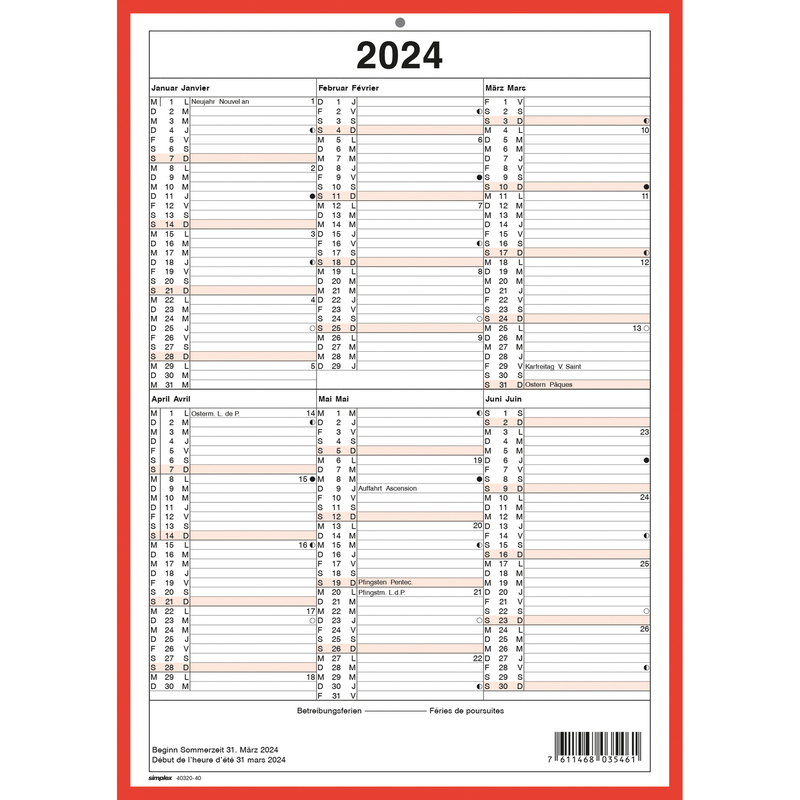 Simplex calendrier de table sur 3 mois 2024 avec présentoir en