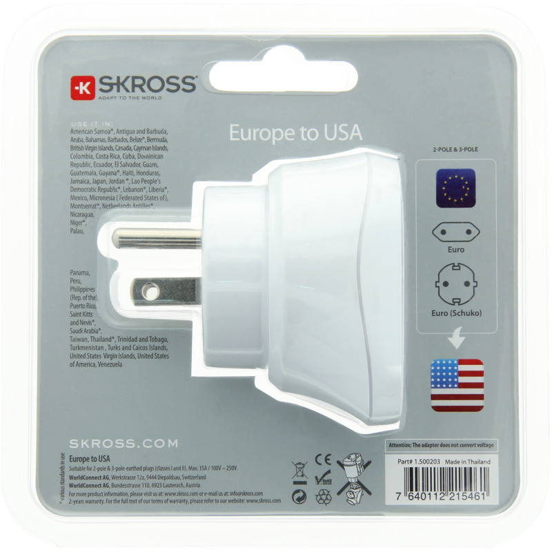 Stock Bureau - SKROSS Adaptateur Europe to USA adapté à tous les appareils  avec et sans mise à la terre (2 et 3 pôles)