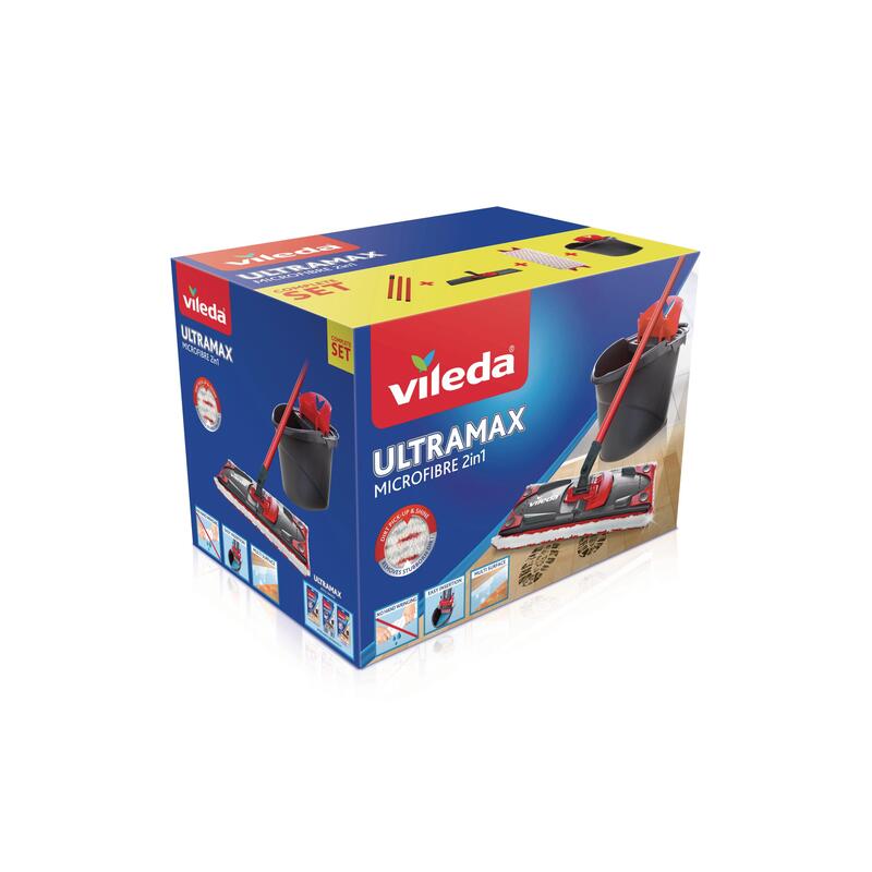 Vileda Kit de balai lave-sol UltraMax coffret complet, kit de 3 pièces,  rouge/blanc 