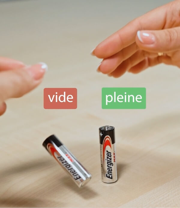 Eine leere und eine volle AA Batterie. 
