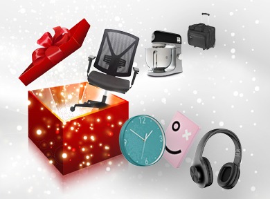Bürostuhl Uhr Kopfhörer Notizbuch Küchenmaschine Rollkoffer fliegen aus Geschenk